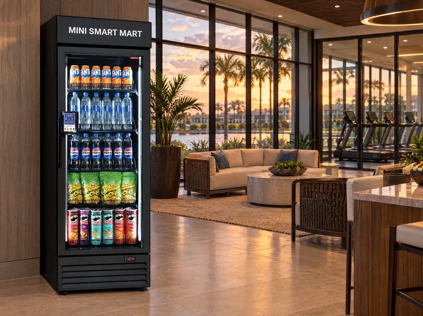 Mini Smart Mart smart fridge in an apartment clubhouse with a fitness lounge behind glass.