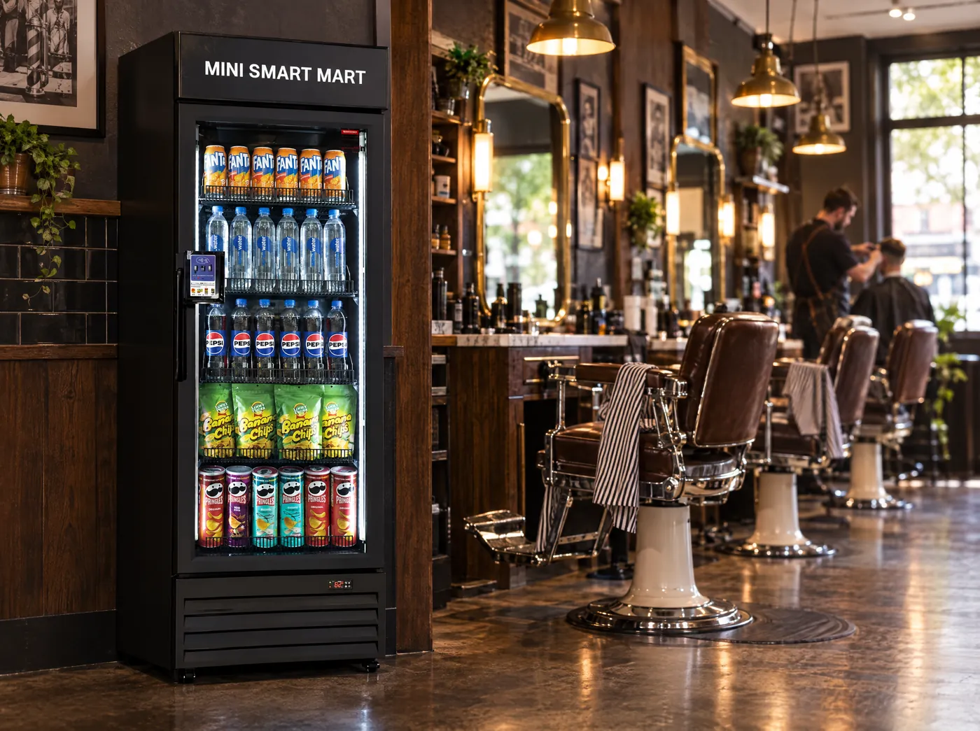 Mini Smart Mart smart fridge beside leather barber chairs and brass mirrors in a barbershop.