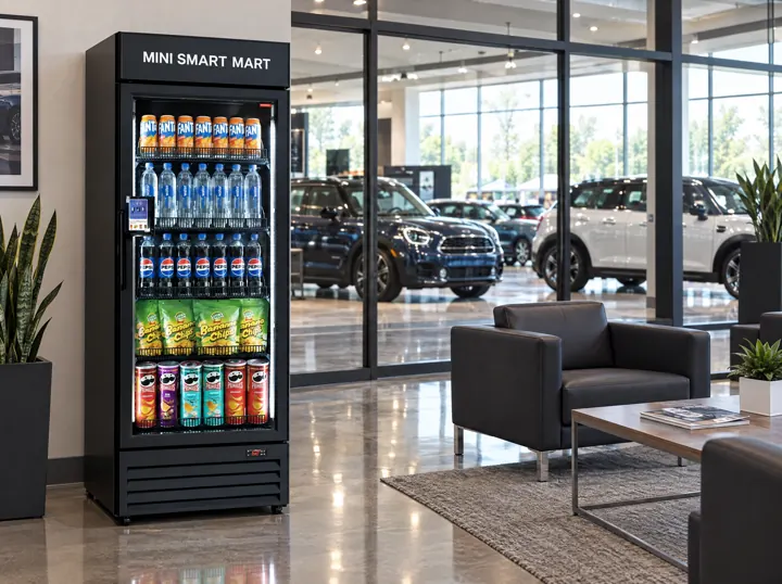 A Mini Smart Mart smart fridge in a dealership lounge.