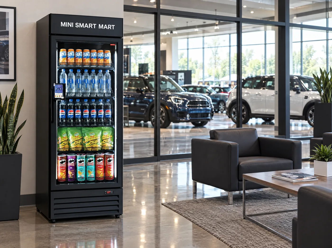 Mini Smart Mart smart fridge in a car dealership customer lounge with the showroom behind glass.