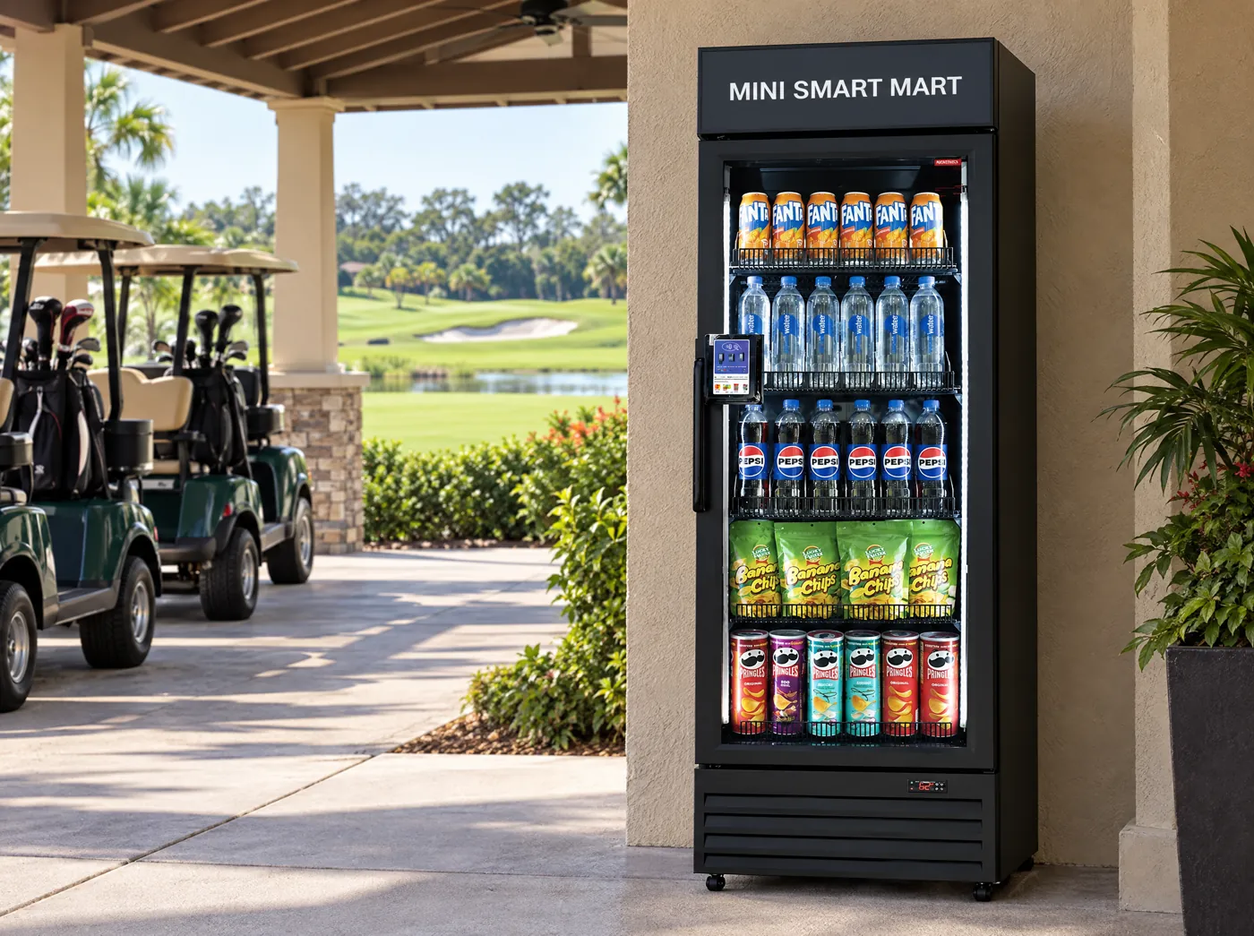 Mini Smart Mart smart fridge on a shaded patio beside parked golf carts, with the course behind.