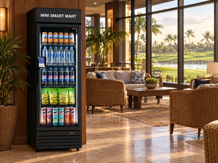 A Mini Smart Mart smart fridge in a golf clubhouse lounge.