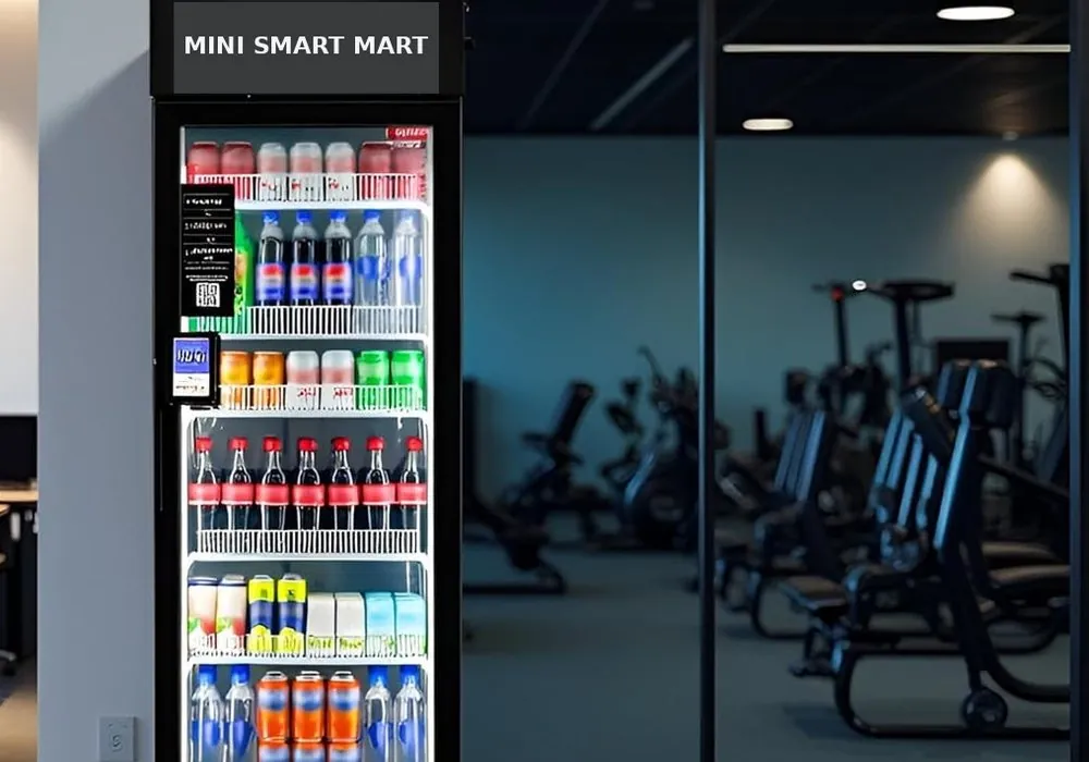 Mini Smart Mart smart fridge beside a row of exercise bikes in a gym.
