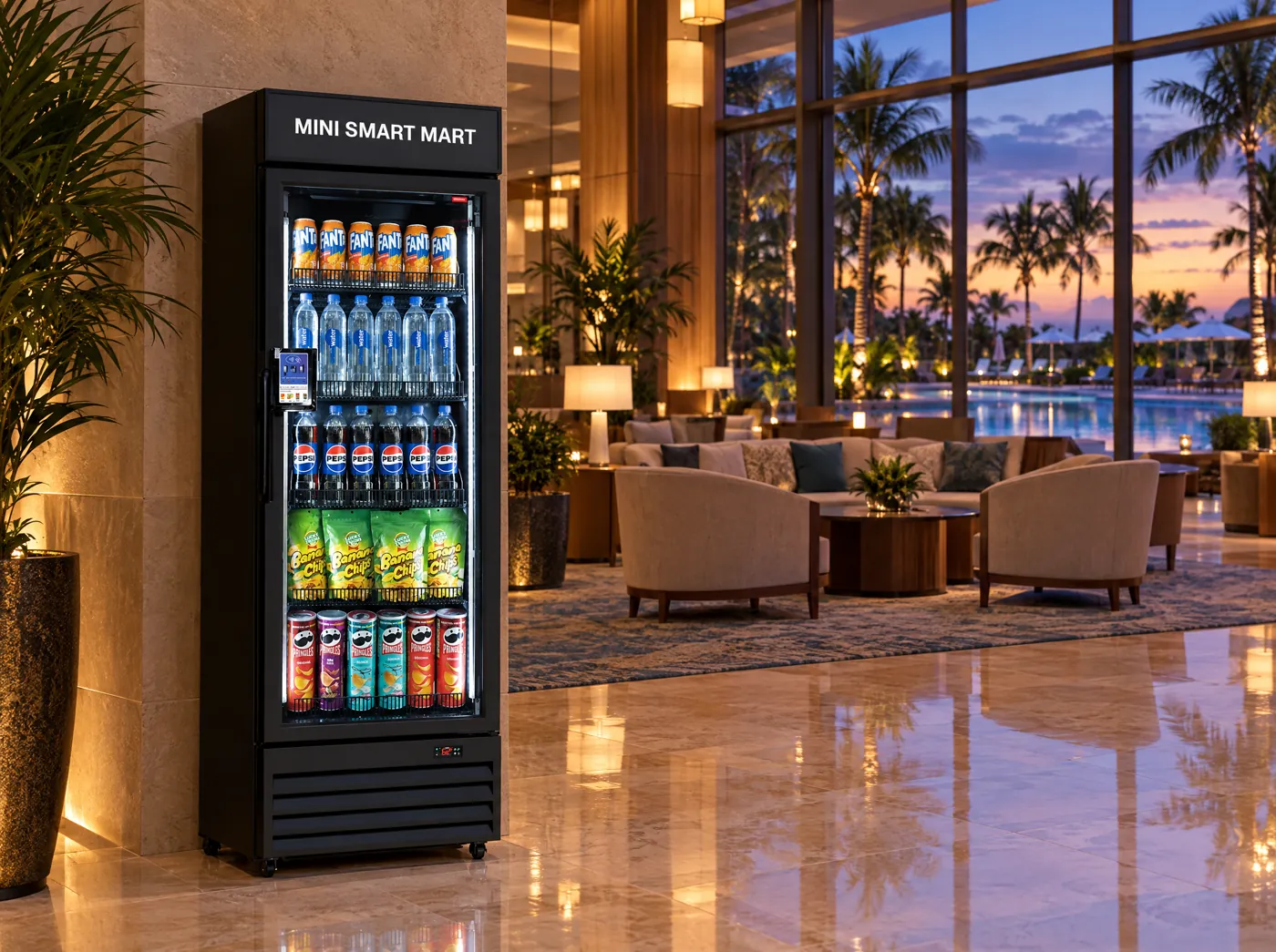 Mini Smart Mart smart fridge in a resort hotel lobby at dusk with the pool and palm trees outside.