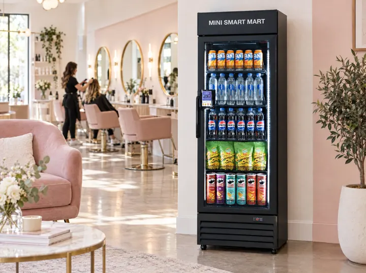 A Mini Smart Mart smart fridge in a hair salon.