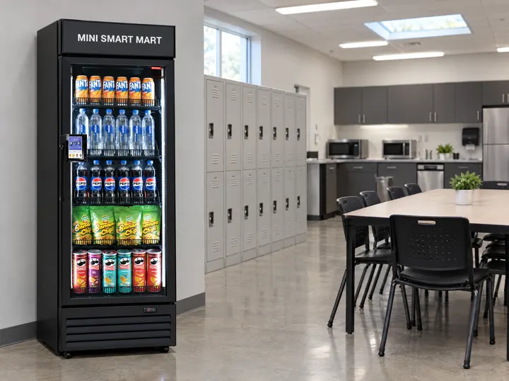 A Mini Smart Mart smart fridge in a warehouse break room.