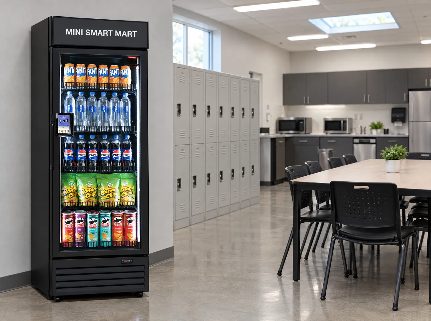 Mini Smart Mart smart fridge in a warehouse break room with lockers and a long table.